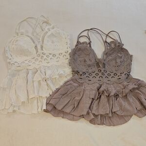 Elegant Lace Trim Tank Tops - White and Taupe